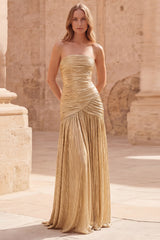 Metallic Strapless Gold Ruched A Line Maxi Prom Dress