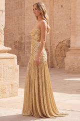 Metallic Strapless Gold Ruched A Line Maxi Prom Dress