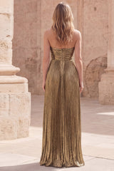 Metallic Strapless Dark Gold Pleated Prom Dress with Slit
