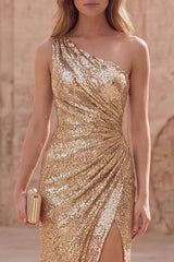Sparkly One Shoulder Gold Ruched Mermaid Prom Dress