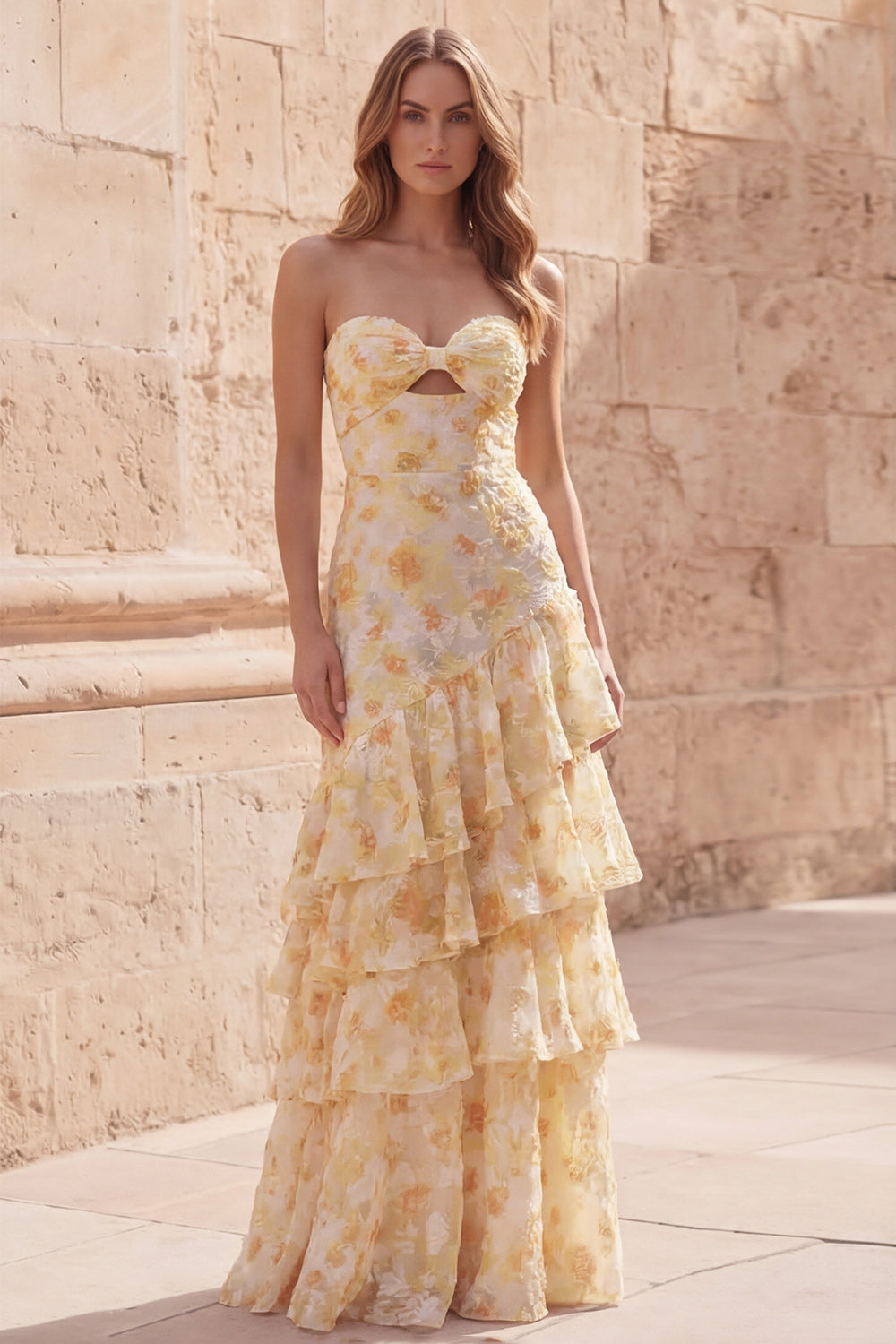 Yellow Floral Strapless Tiered Cut Out Prom Dress