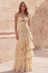 Yellow Floral Strapless Tiered Cut Out Prom Dress
