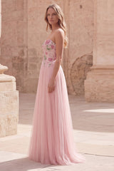 Pink Strapless A Line Appliqued Tulle Prom Dress
