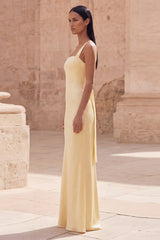Yellow Satin Cut Out Sheath Prom Dress with Streamer