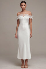 Off the Shoulder Ruffled White Mermaid Engagement Dress