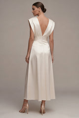 Ivory Satin A Line V Neck Engagement Dress with Cap Sleeves