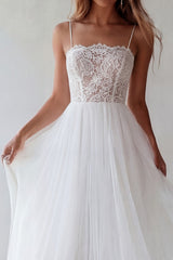 White Lace A Line Tulle Engagement Dress