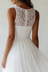 Round Neck A Line White Tulle Lace Engagement Dress