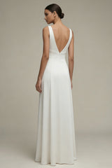 White Satin A Line V Neck Maxi Bridal Dress