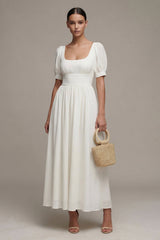 White A Line Maxi Engagement Dress with Short Sleeves