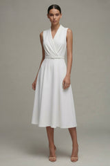 White Shawl Lapel A Line Midi Work Dress with Belt