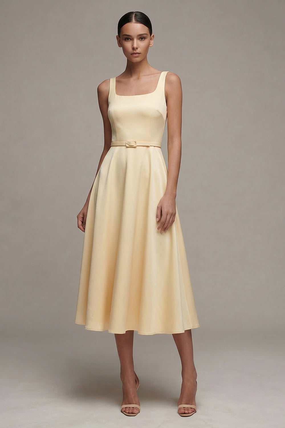 Ivory Satin A Line Midi Engagement Dress with Belt