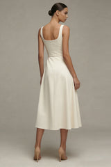 Ivory Satin A Line Midi Engagement Dress with Belt