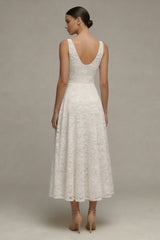 Jacquard Ivory A Line V Neck Midi Engagement Dress