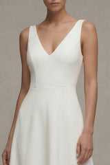Satin A Line White V Neck Midi Engagement Dress