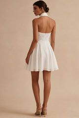 Halter A Line White Mini Bridal Shower Dress with Pearls
