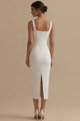 Jacquard Bodycon White Midi Engagement Dress with Slit