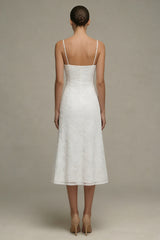 A Line Appliqued Midi White Dress