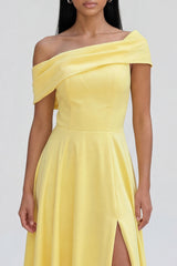 Asymmetrical Neck Yellow A Line Maxi Dress with Slit