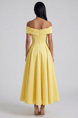 Off the Shoulder Ruched Satin Yellow A Line Maxi Dress