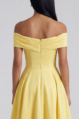Off the Shoulder Ruched Satin Yellow A Line Maxi Dress