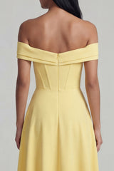 Off the Shoulder Corset A Line Satin Yellow Maxi Dress