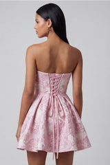 Strapless Pink Floral A Line Mini Wedding Guest Dress with Bow