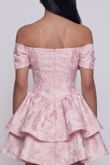 Tiered Bowed Off the Shoulder Pink Floral Mini Wedding Guest Dress