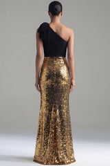 Sequin One Shoulder Bowed Mermaid Black and Gold Formal Dress