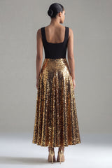 Sparkly A Line Square Neck Black and Gold Evening Dress