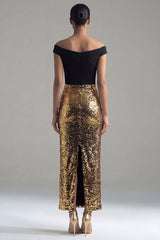 Off the Shoulder Sequin Colorblock Black and Gold Evening Dress