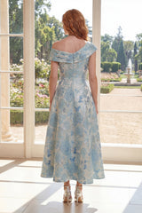Asymmetrical Neck Floral Blue A Line Mother of the Bride Dress