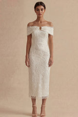 Off the Shoulder Bodycon White Dress with Pearls