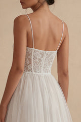 A Line Tulle Lace Corset Midi White Dress