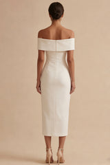 Off the Shoulder Satin Bodycon Midi White Dress