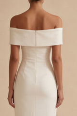Off the Shoulder Satin Bodycon Midi White Dress