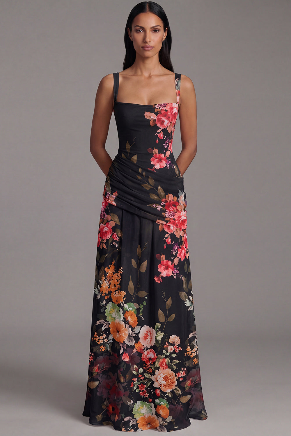 Ivory Ruched A Line Printed Maxi Formal Dress