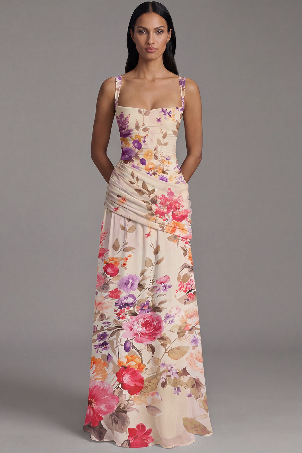 Ivory Ruched A Line Printed Maxi Formal Dress