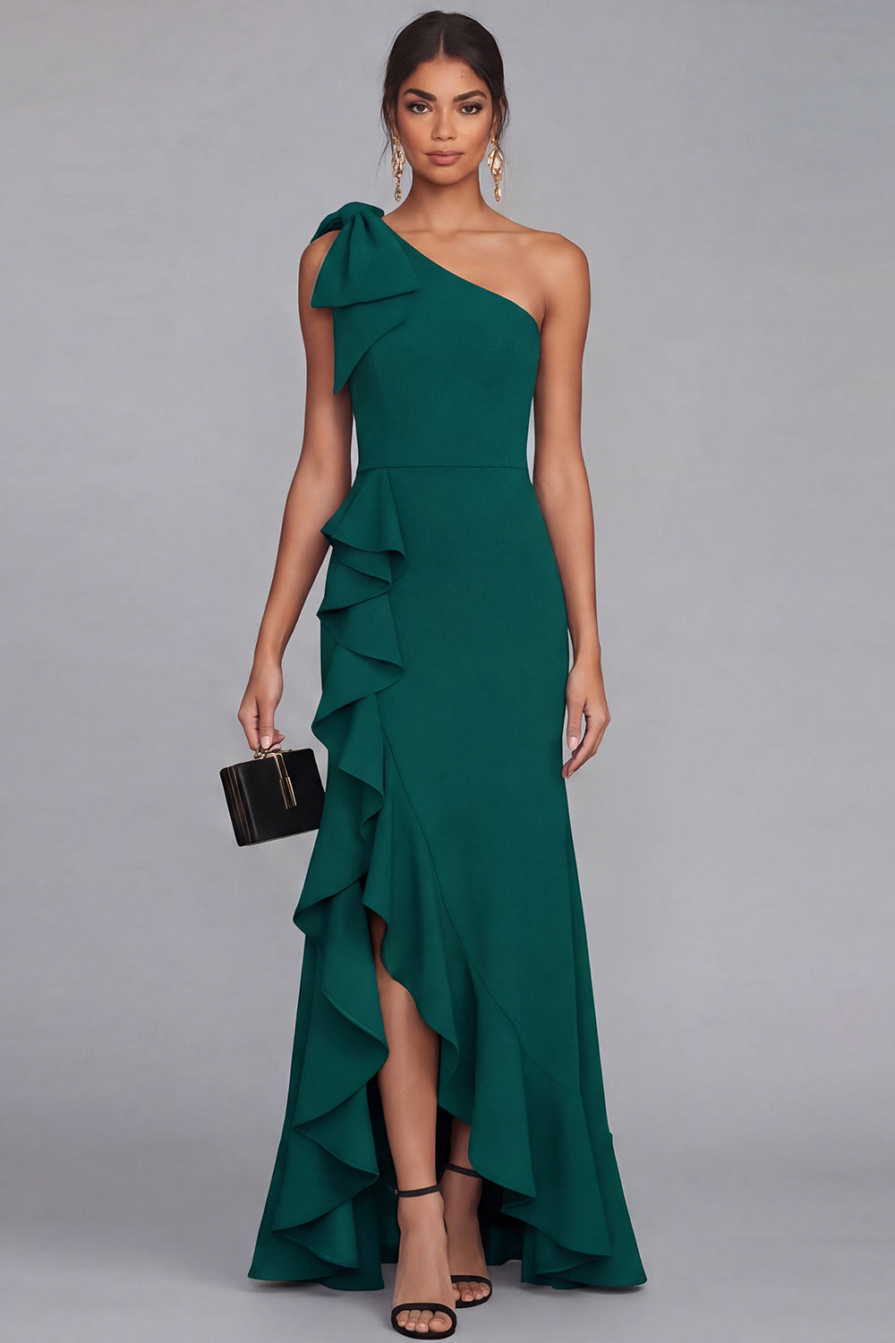 One Shoulder Black Mermaid Bowed Formal Dress with Ruffles