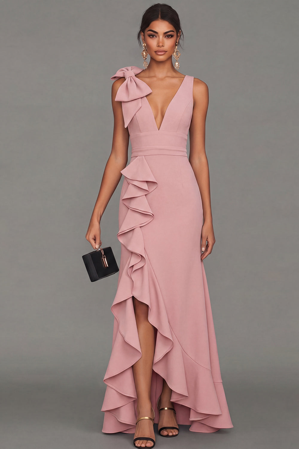 Black Bowed V Neck Maxi Formal Dress with Ruffles