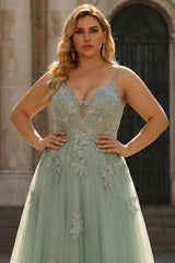 Green Plus Size A Line Appliqued Prom Dress