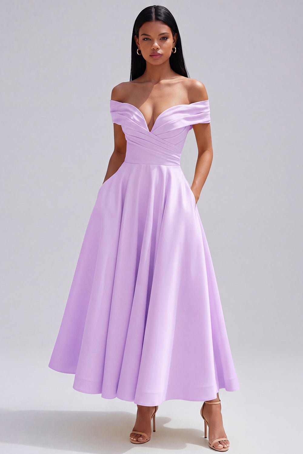 Off the Shoulder Ruched Satin Yellow A Line Maxi Dress