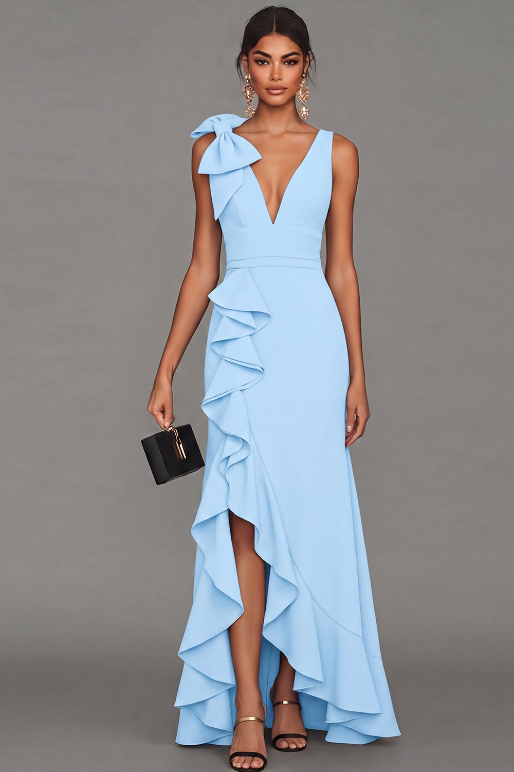 Black Bowed V Neck Maxi Formal Dress with Ruffles