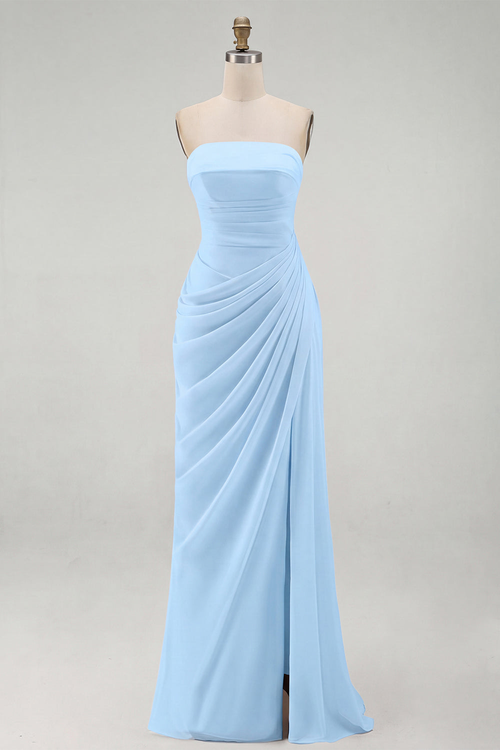 Light Pink Strapless Ruched Sheath Prom Dress with Slit