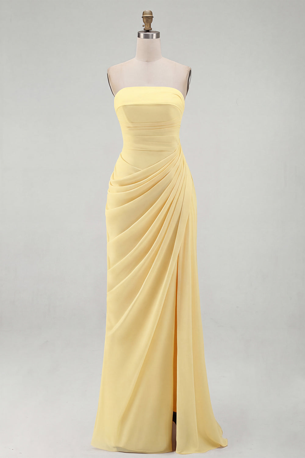 Light Pink Strapless Ruched Sheath Prom Dress with Slit