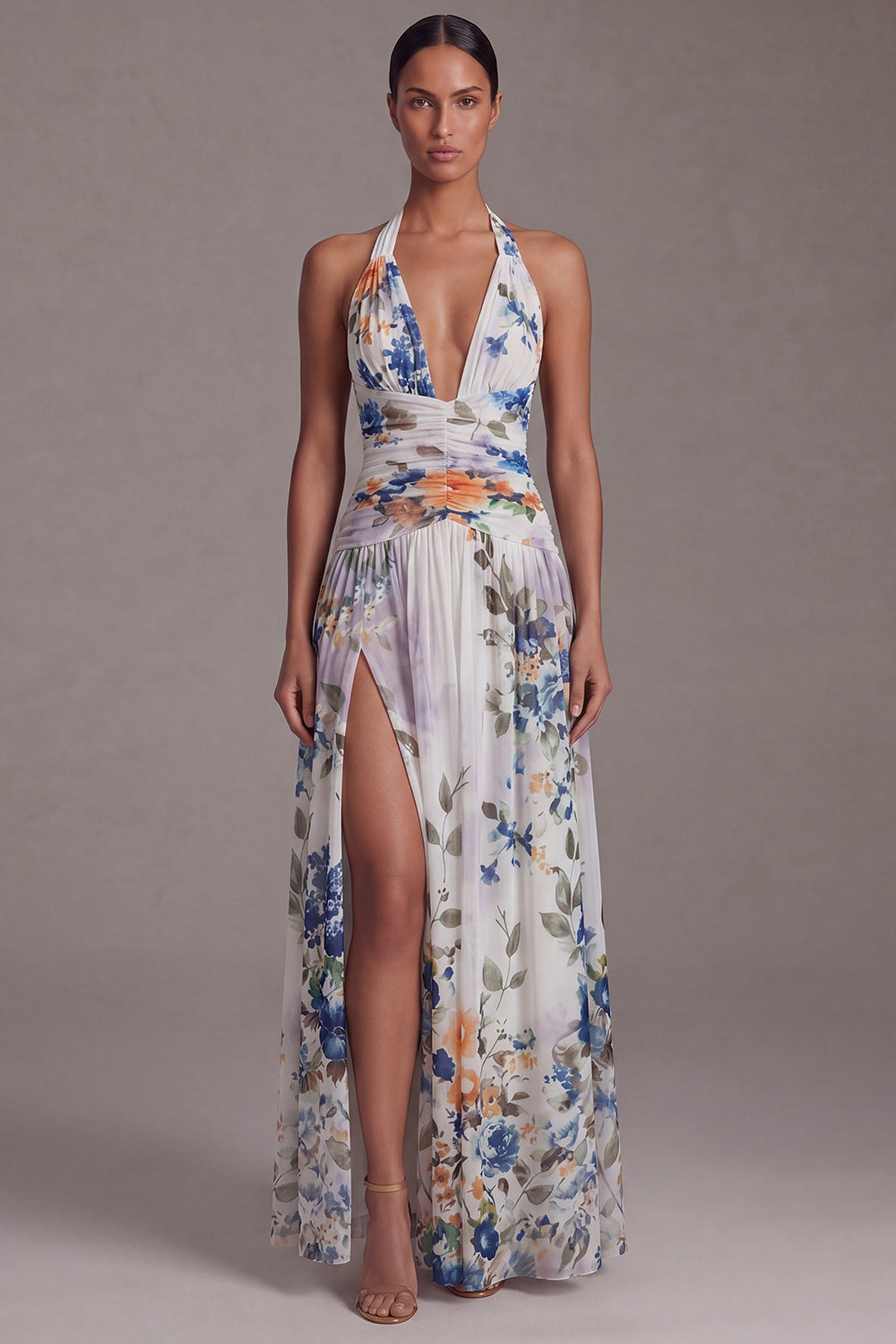 Halter Black A Line Printed Ruched Formal Dress