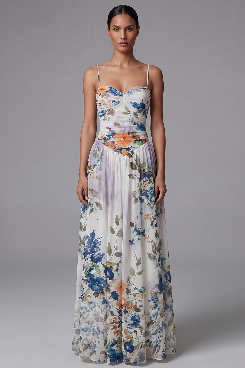 Black A Line Printed Ruched Maxi Formal Dress